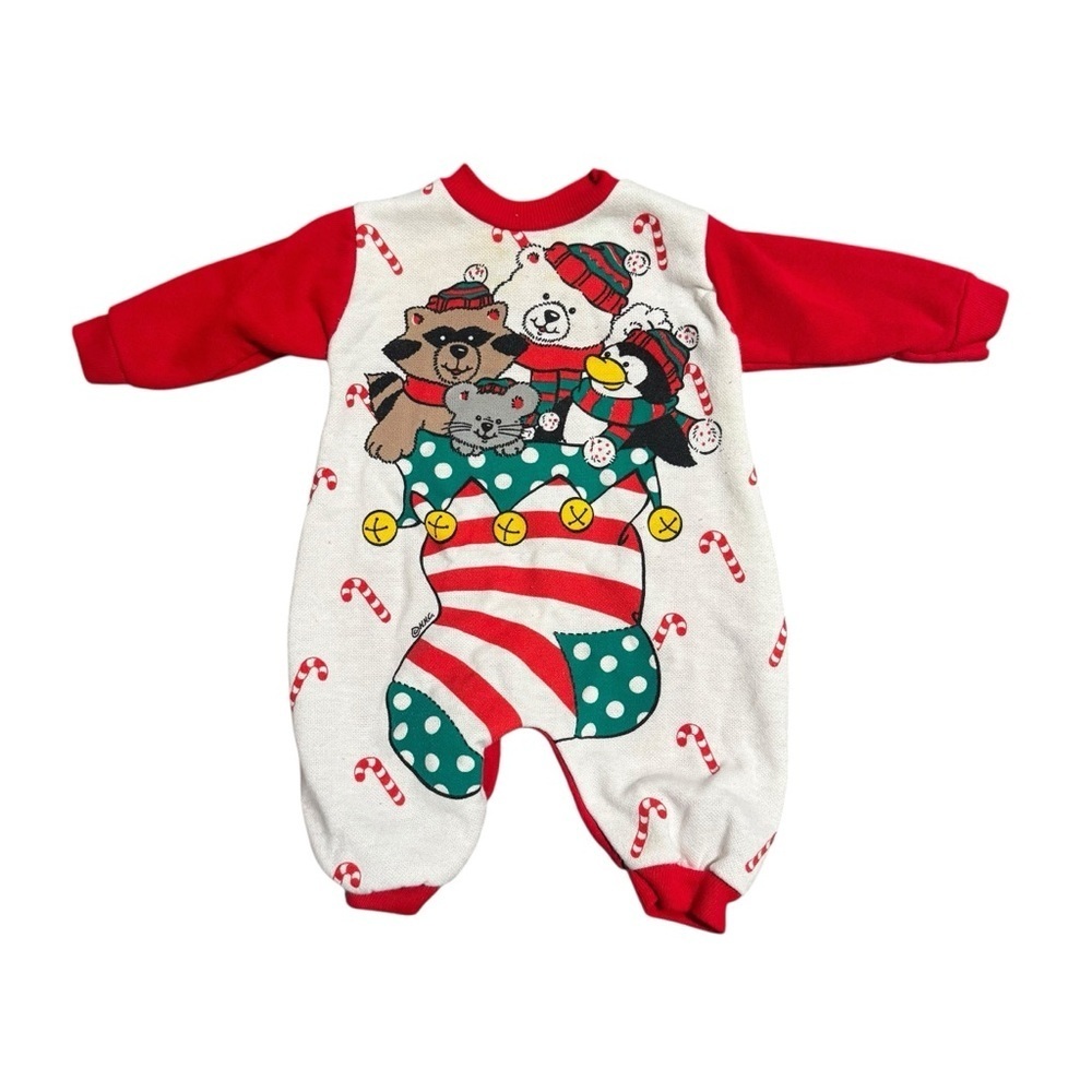 Vintage Santa's Club Critter Stocking Christmas Romper Children's Graphic 3-6 MO